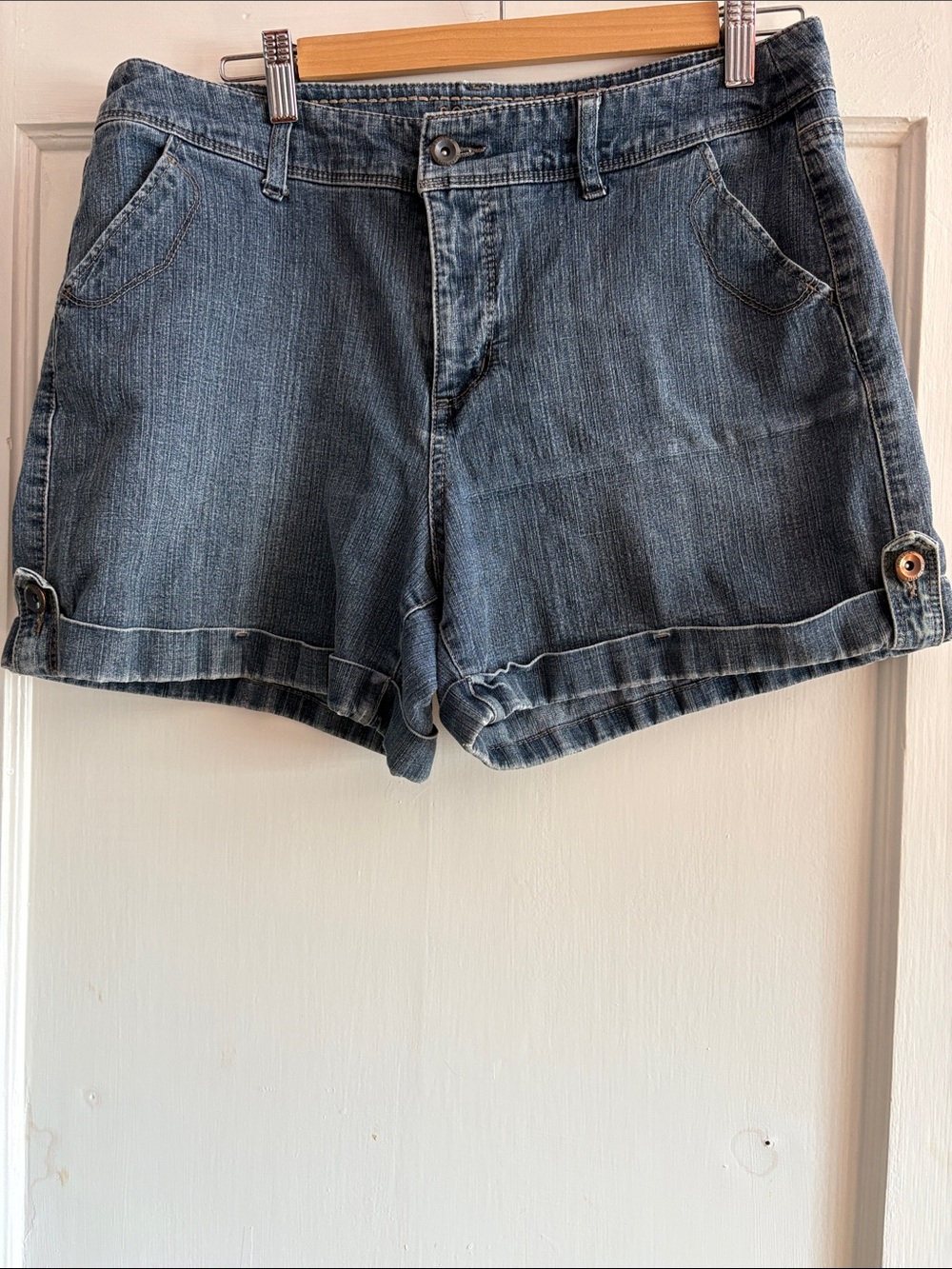 Women’s Dark Blue Denim Jean Shorts with Button-Tab Hem